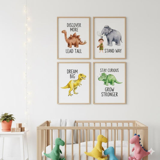 Framed Dinosaur Canvas Art, Set of 4, Nursery Decor