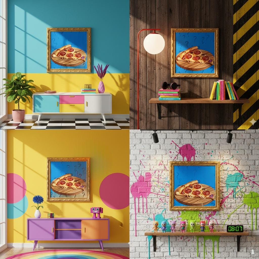 The Philosophizing Pizza | Hyper-Quirky Pop Art Mixed-Media Canvas | Glossy Pepperoni Painting with Comic Blue