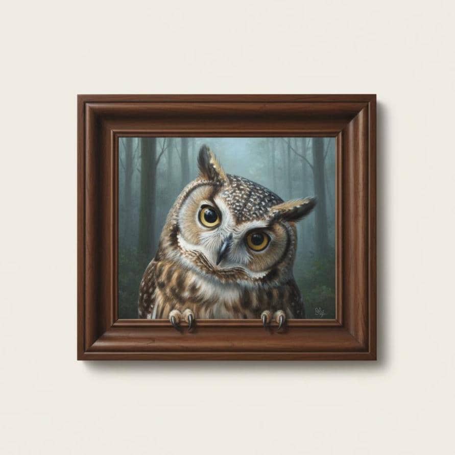 Curious Owl Painting 3D Optical Illusion Frame Art | Comes with Carved Wood Frame | Woodland Decor