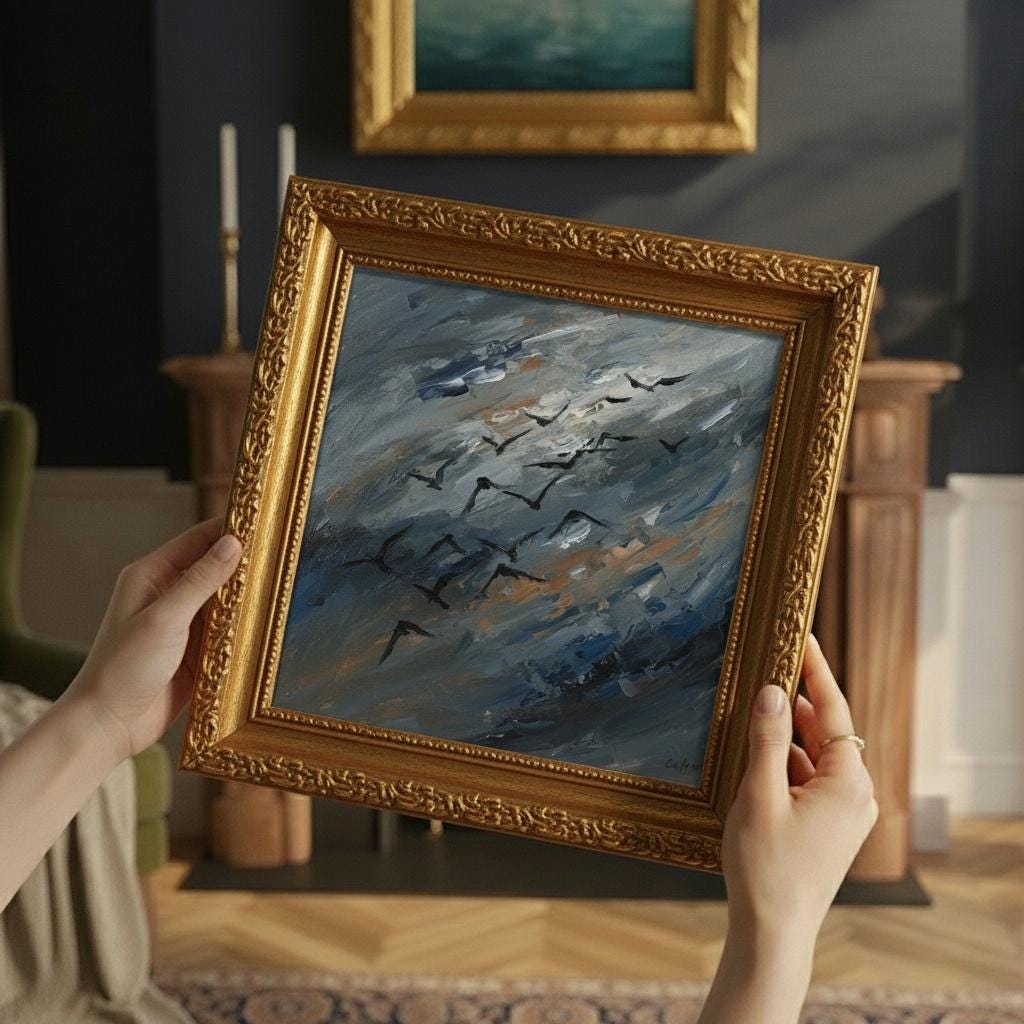 Expressive Minimalist Abstract Birds Painting | Gold Frame | Dramatic Sky Art | Modern Wall Decor