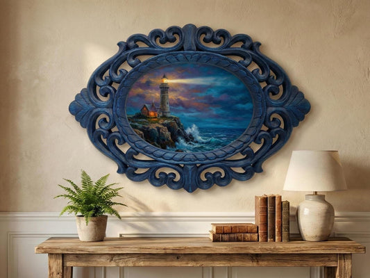 Lighthouse Seascape Oval Blue Frame - Coastal Storm 14 inches Hand-Carved Rosewood