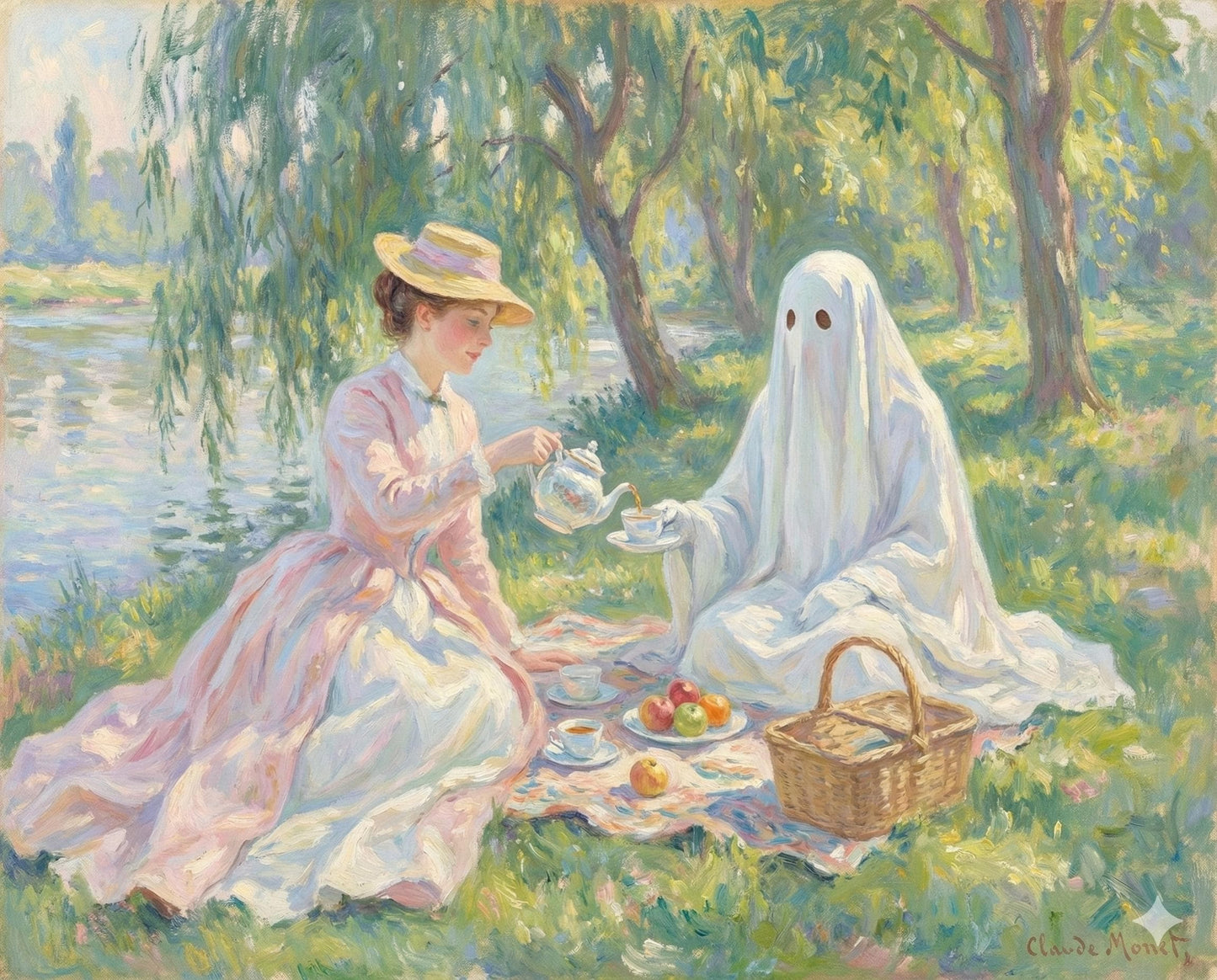 Oval Rosewood Frame Handcarved 14' Picnic Specter, Impressionist Ghost Tea Party, Monet Style Painting, Whimsical Wall Art, Mystical Decor