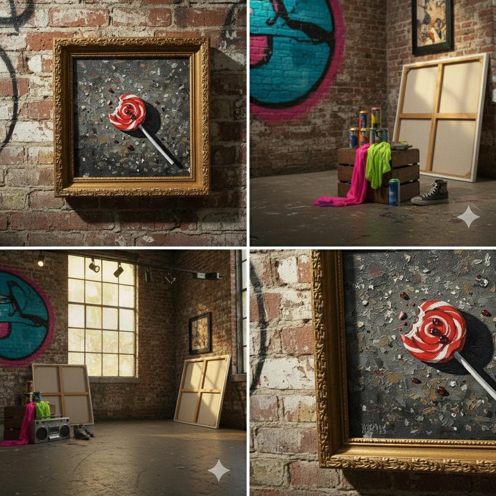 nNaïve Oil Painting – Half-Eaten Cherry Swirl Lollipop on Asphalt | Small Canvas Art | Forgotten Candy Scene