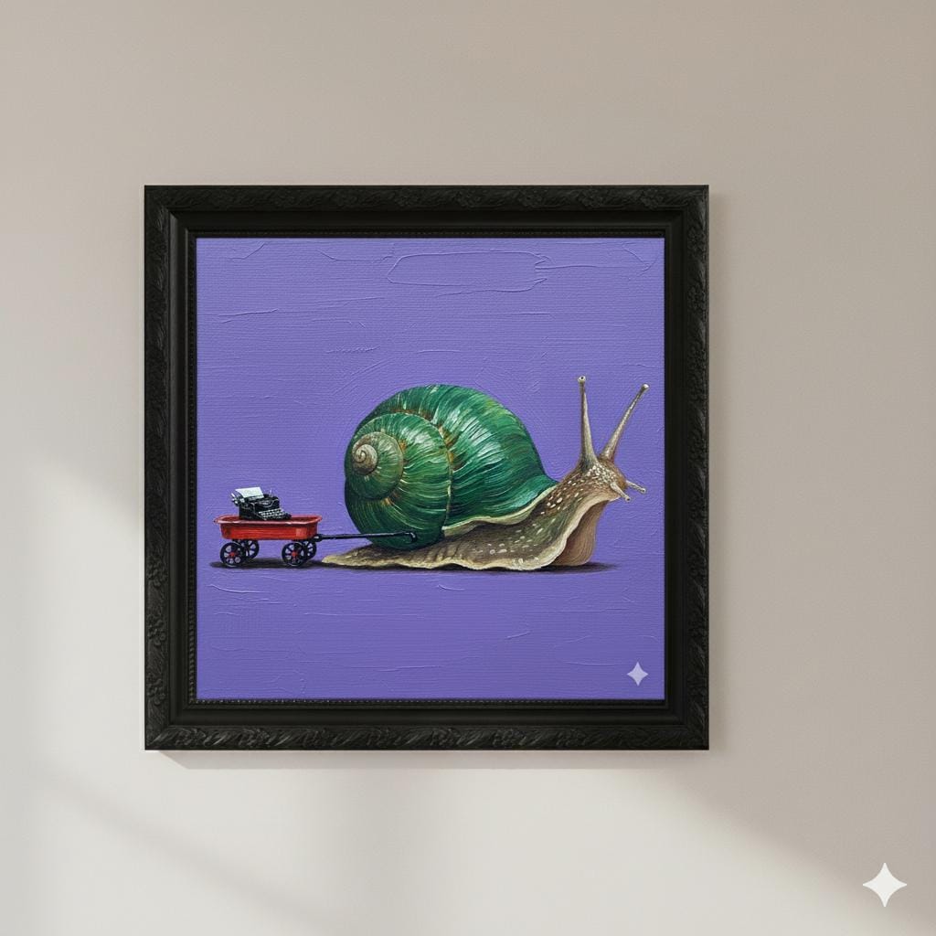 Hyper-Quirky Pop Art Snail | Calm Garden Snail with Red Wagon & Typewriter | Iridescent Green Shell on Lavender Canvas