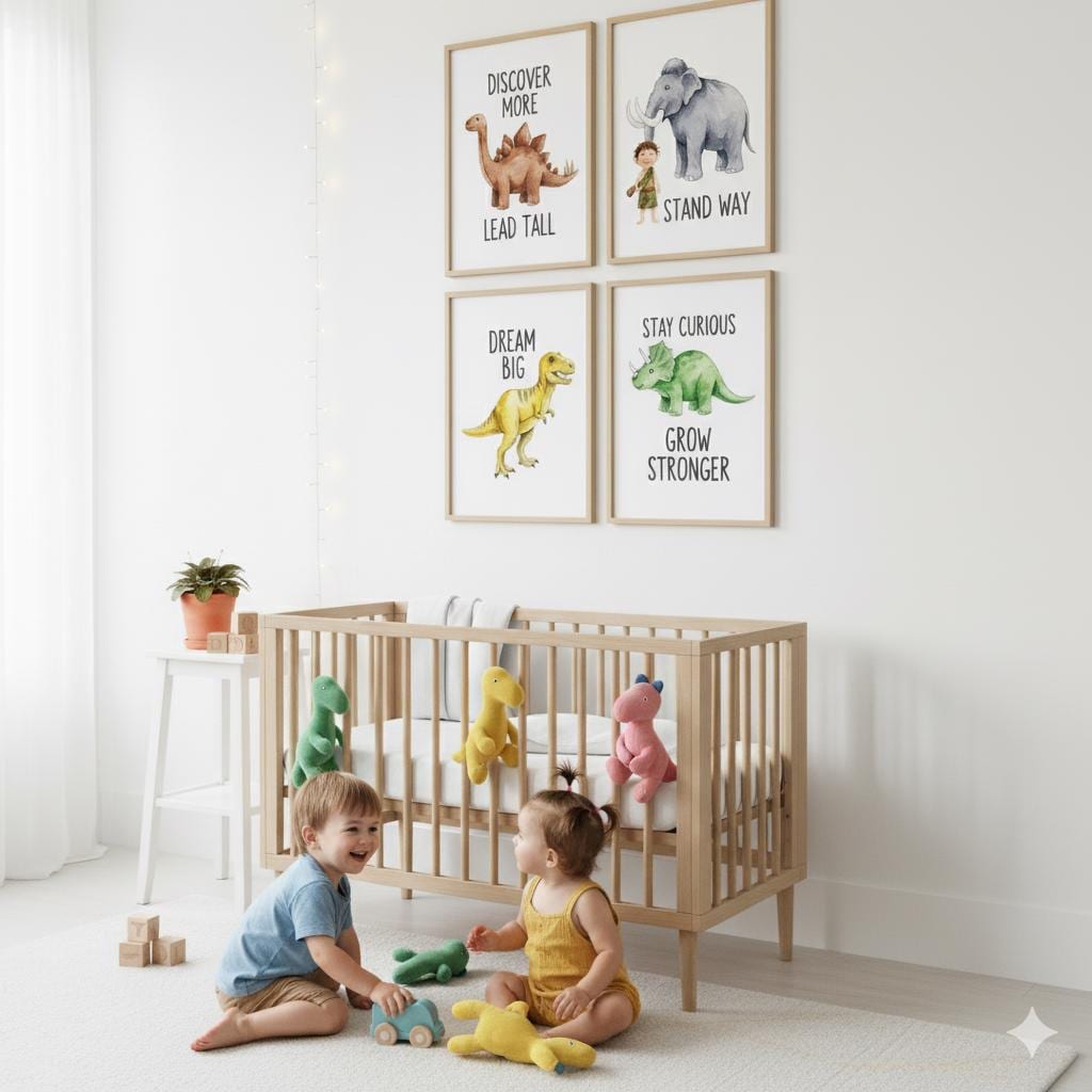 Framed Dinosaur Canvas Art, Set of 4, Nursery Decor