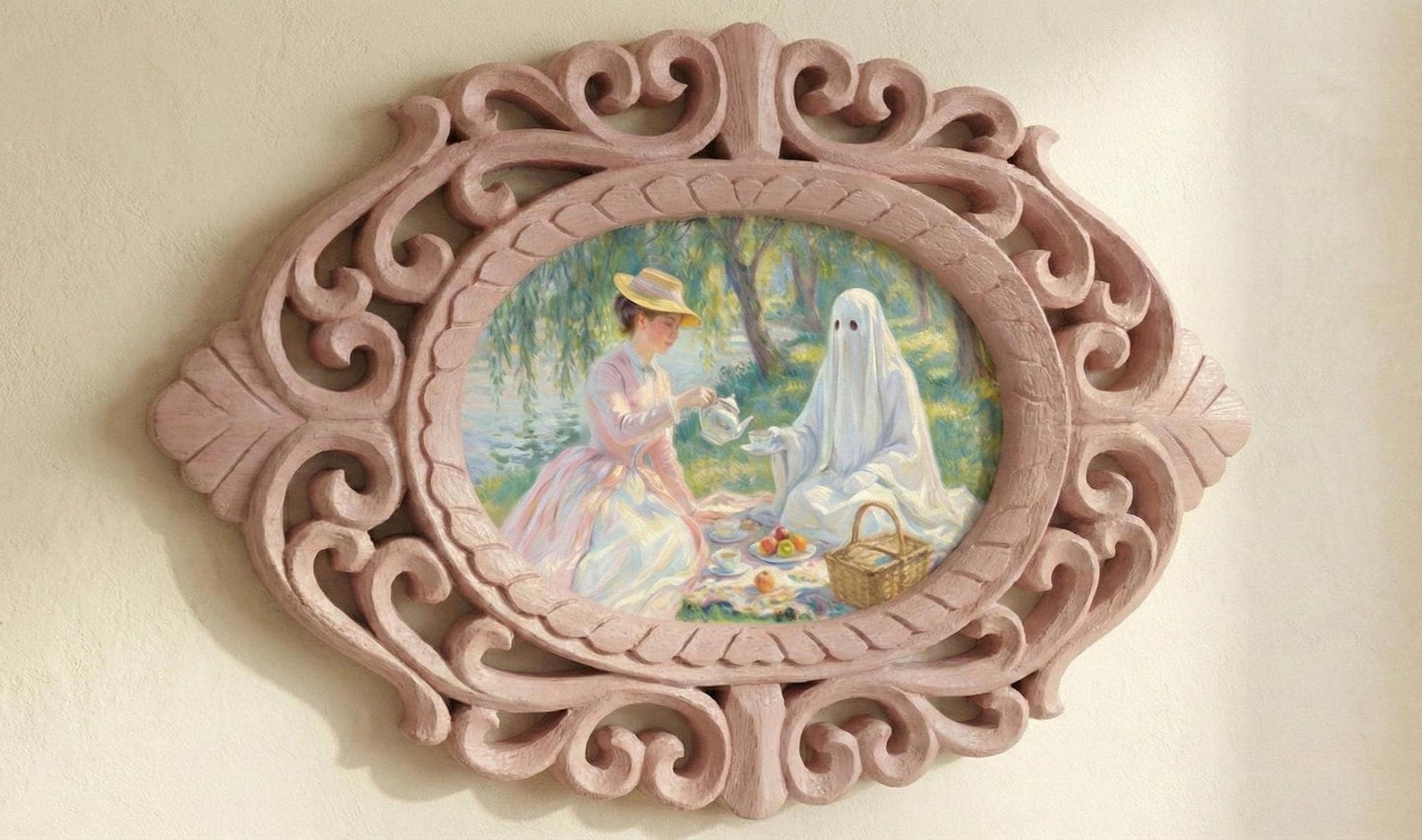 Oval Rosewood Frame Handcarved 14' Picnic Specter, Impressionist Ghost Tea Party, Monet Style Painting, Whimsical Wall Art, Mystical Decor