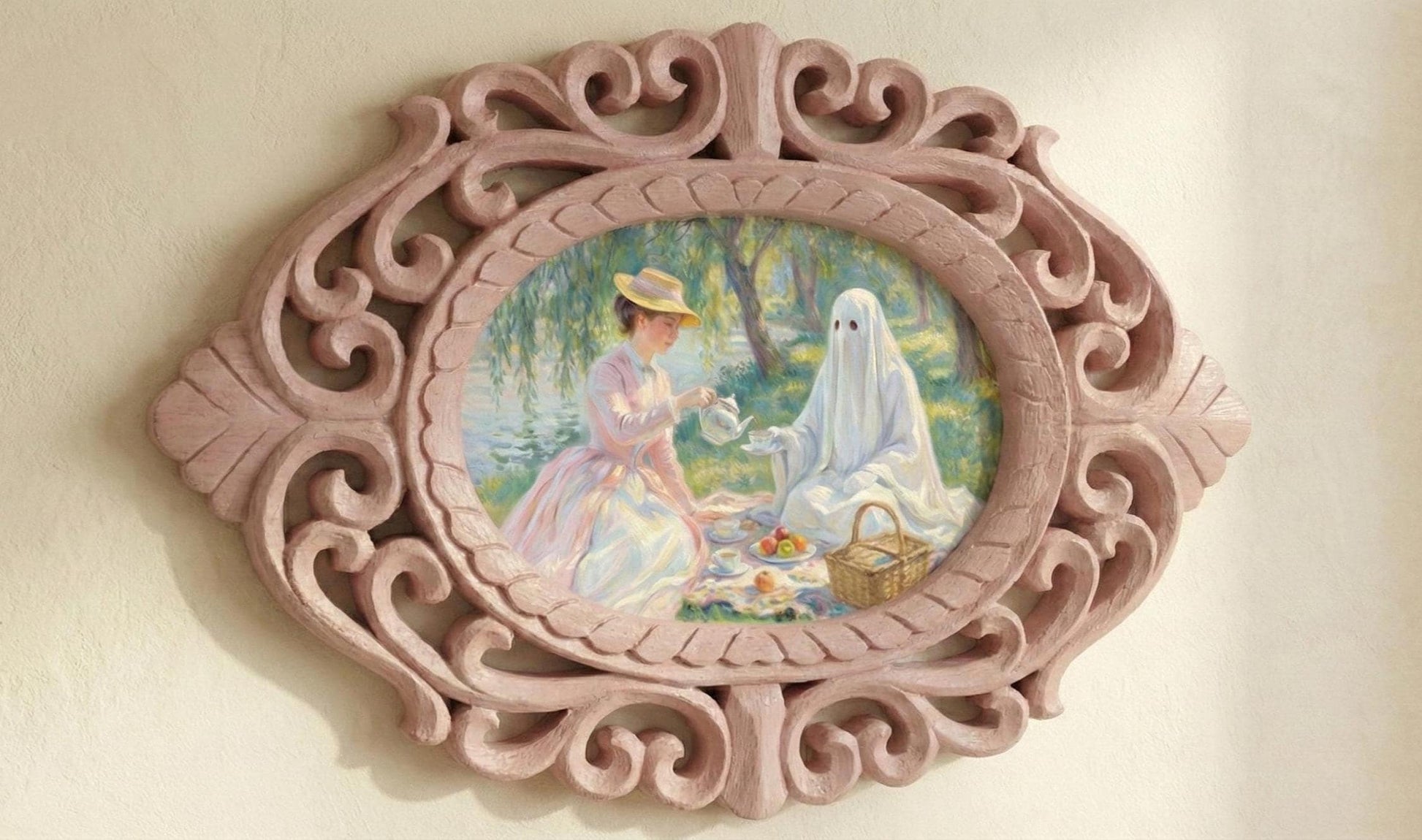 Oval Rosewood Frame Handcarved 14' Picnic Specter, Impressionist Ghost Tea Party, Monet Style Painting, Whimsical Wall Art, Mystical Decor
