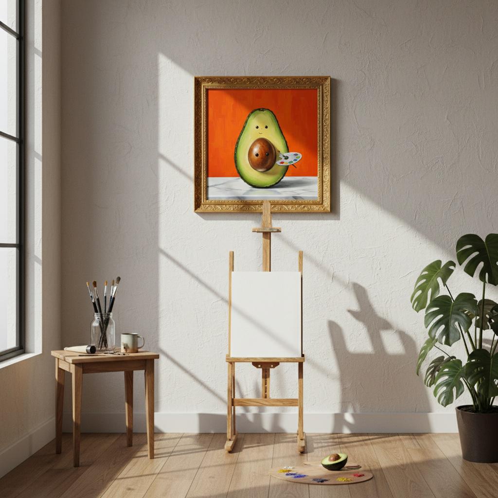 Avocado Artist Painting | Framed Canvas Art with Gold Frame | Whimsical Kitchen Wall Decor