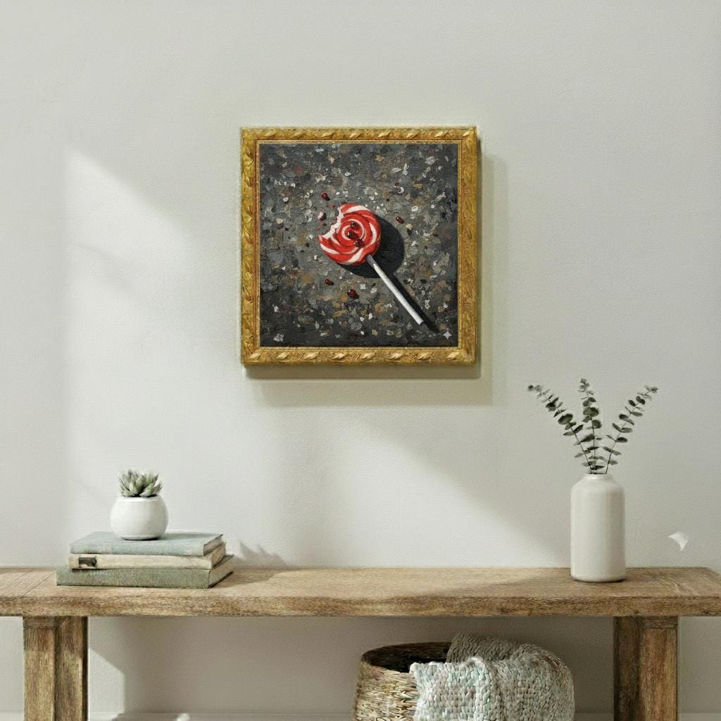 nNaïve Oil Painting – Half-Eaten Cherry Swirl Lollipop on Asphalt | Small Canvas Art | Forgotten Candy Scene