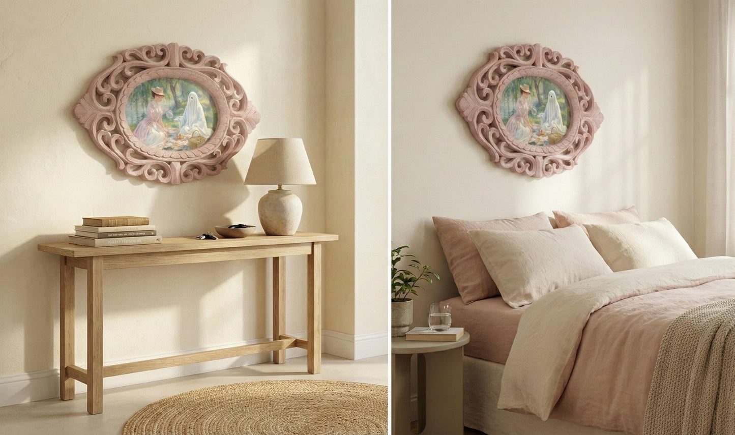 Oval Rosewood Frame Handcarved 14' Picnic Specter, Impressionist Ghost Tea Party, Monet Style Painting, Whimsical Wall Art, Mystical Decor