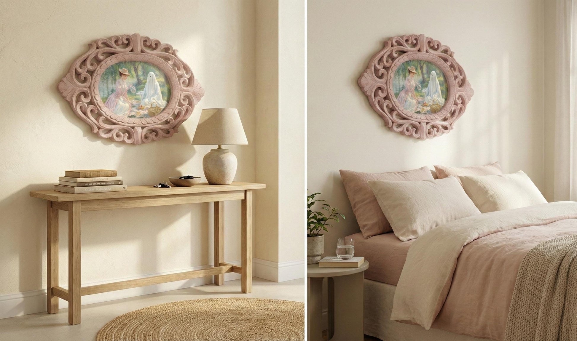 Oval Rosewood Frame Handcarved 14' Picnic Specter, Impressionist Ghost Tea Party, Monet Style Painting, Whimsical Wall Art, Mystical Decor