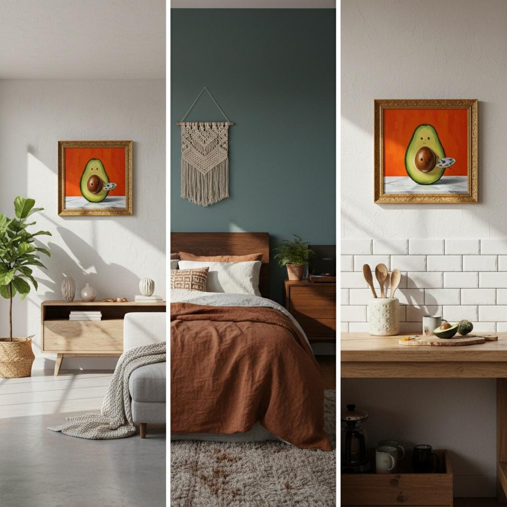 Avocado Artist Painting | Framed Canvas Art with Gold Frame | Whimsical Kitchen Wall Decor
