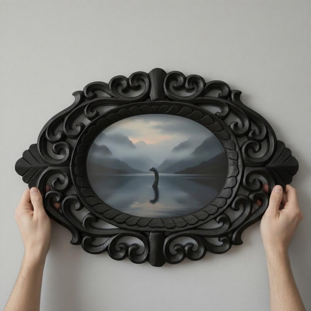 14" Oval Rosewood Frame Handcarved Loch Ness Monster Wall Art, Mystical Lake Creature Painting, Surreal Mythical Decor, Folklore Gift