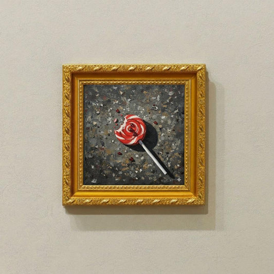 nNaïve Oil Painting – Half-Eaten Cherry Swirl Lollipop on Asphalt | Small Canvas Art | Forgotten Candy Scene