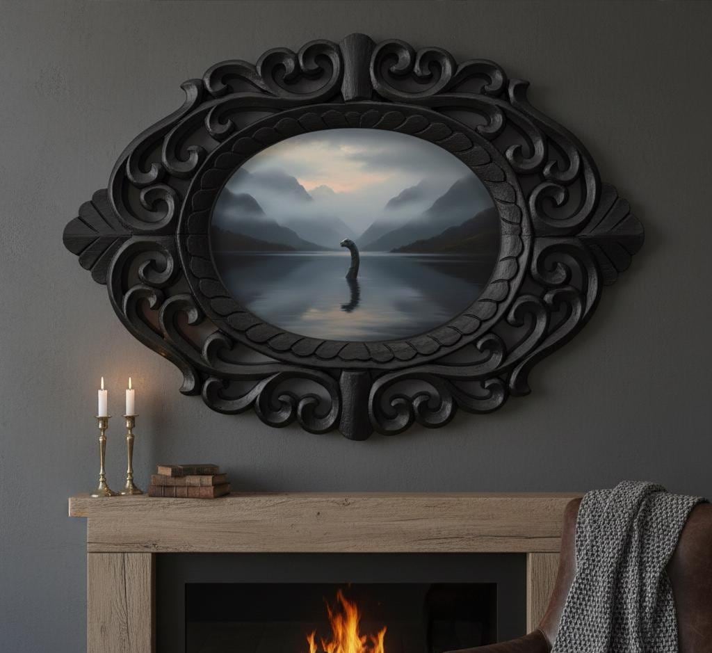 14" Oval Rosewood Frame Handcarved Loch Ness Monster Wall Art, Mystical Lake Creature Painting, Surreal Mythical Decor, Folklore Gift